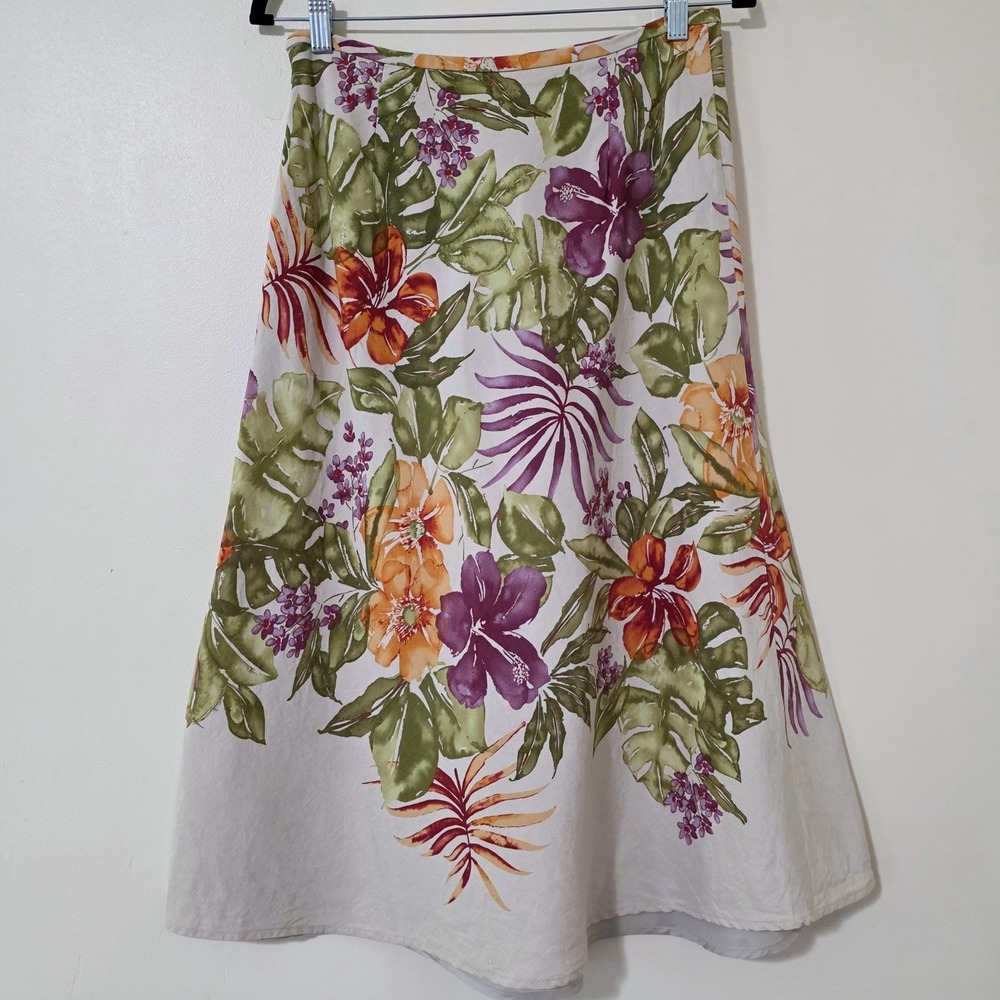 Talbots Silk Linen Floral Midi Skirt Sz 8 Petite Colorful Tropical Artsy Print